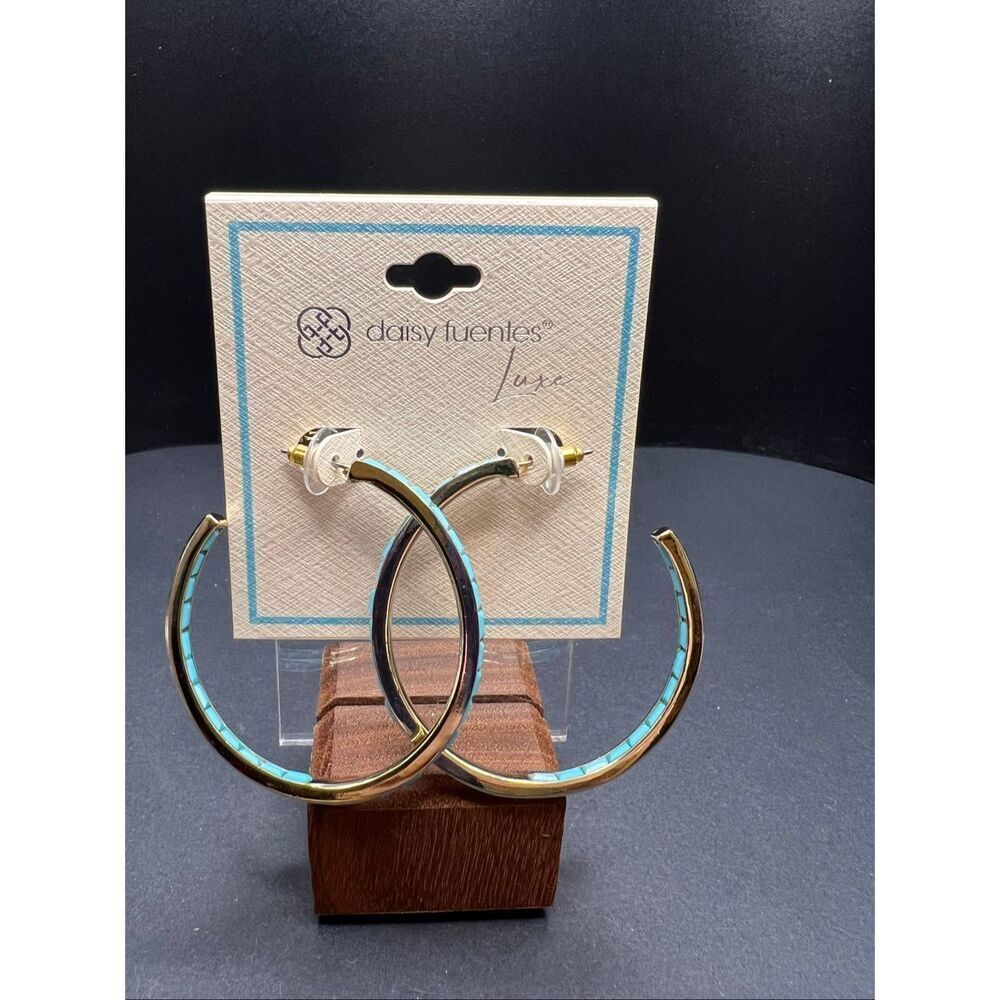 Daisy Fuentes Luxe Gold Tone Faux Turquoise Enamel Inlay Hoop Earrings